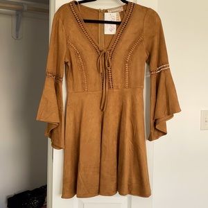 Camel suede quarter length sleeve mini dress